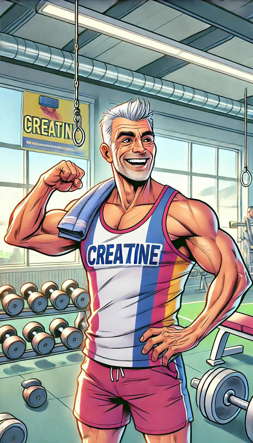 Een-illustratie-in-cartoonstijl-van-een-oudere-man-met-zilvergrijs-haar-en-een-brede-glimlach-die-energiek-en-sterk-oogt-na-het-gebruik-van-creatine